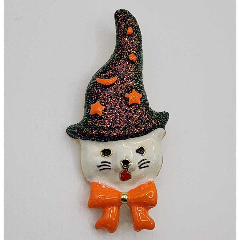 White Cat in Wizard Hat Brooch Heavy Enamel Halloween Colors Bow Tie